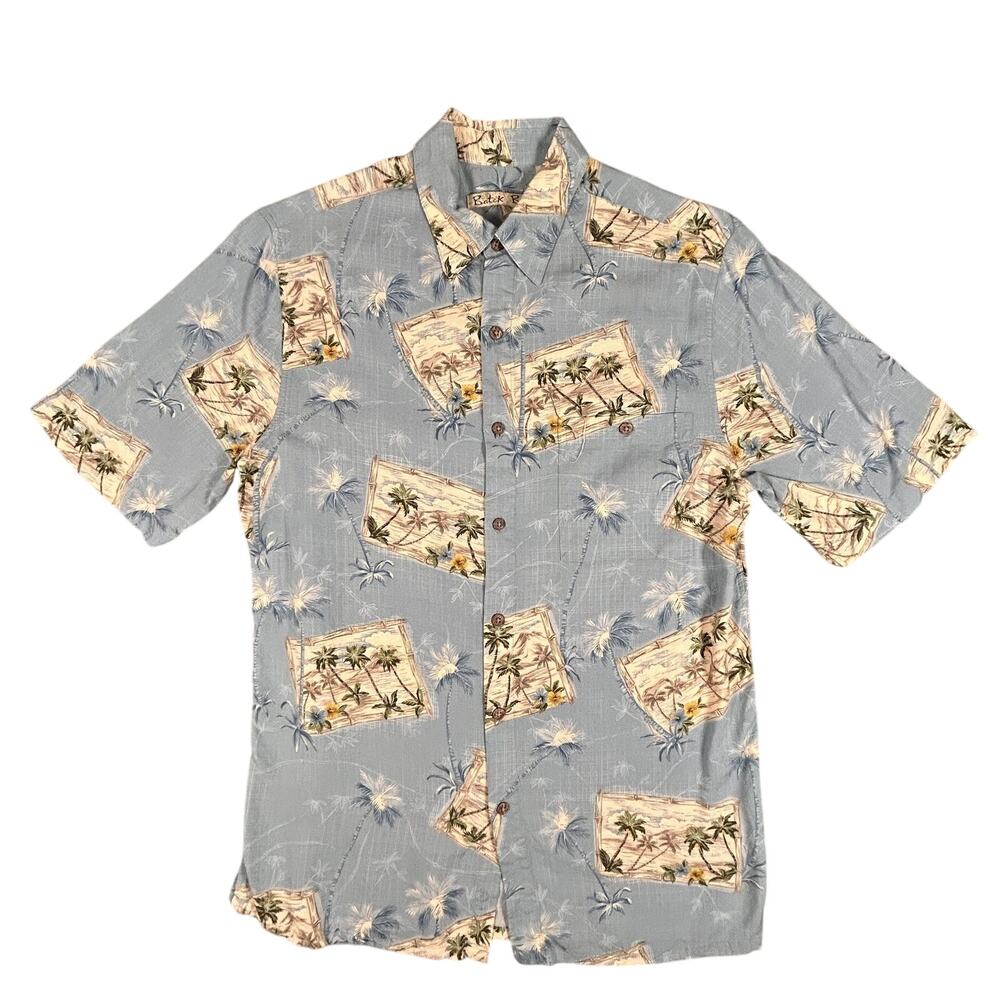 Batik Bay Shirt‎ Mens Small Blue Palm Tree Floral Hawaiian Rayon Button Up Beach